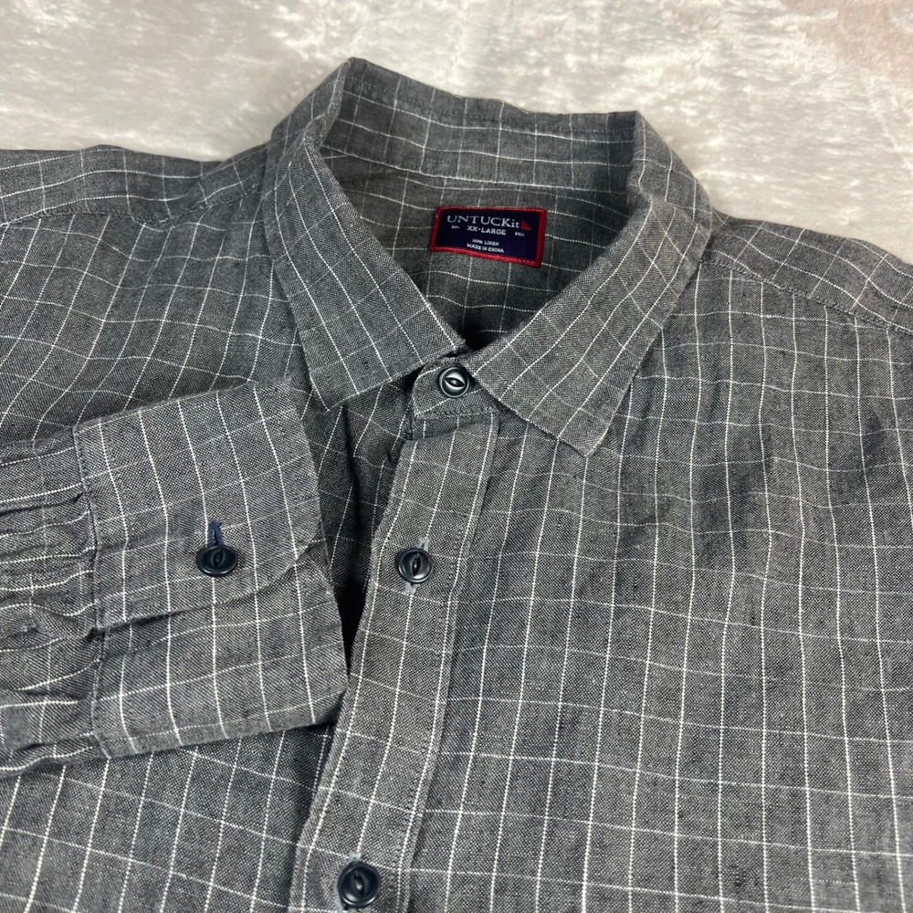 UNTUCKit Mens XXL XX-Large Shirt Chauvin Grey Windowpane 100% Linen Long Sleeve